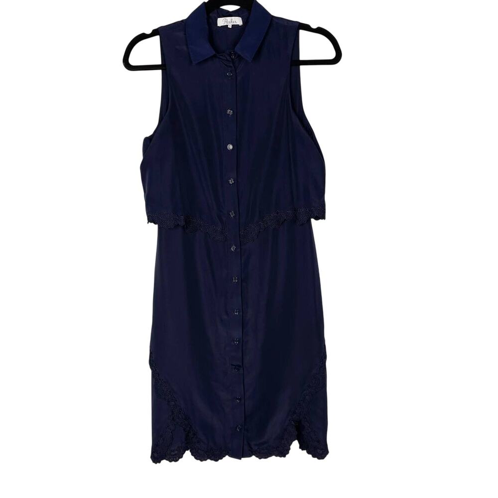 Parker XSmall XS Navy Blue Overlay Shirt Dress Collared Layered Embroidered Hem